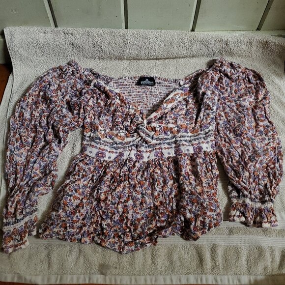 ANGIE Womens Lg Floral Blouse Longsleeve Shirred Elastic Stretch Keyhole Twist - Picture 1 of 6